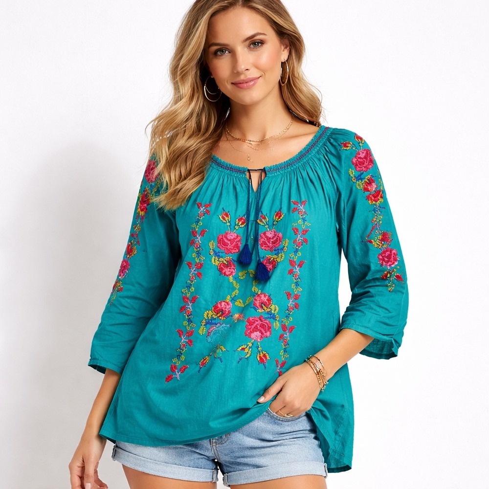 Viera Embroidered Boho Peasant Blouse‎ Teal Floral Artisan Festival Top OS